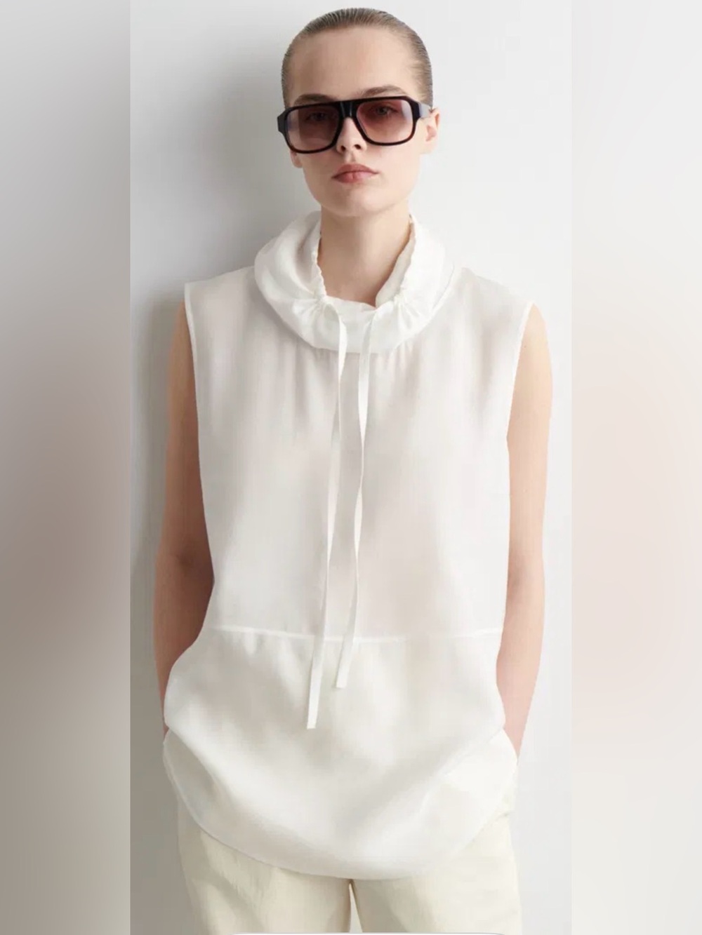 COS Sleeveless Drawstring Funnel Neck Top White Size 2 NWT MSRP $129